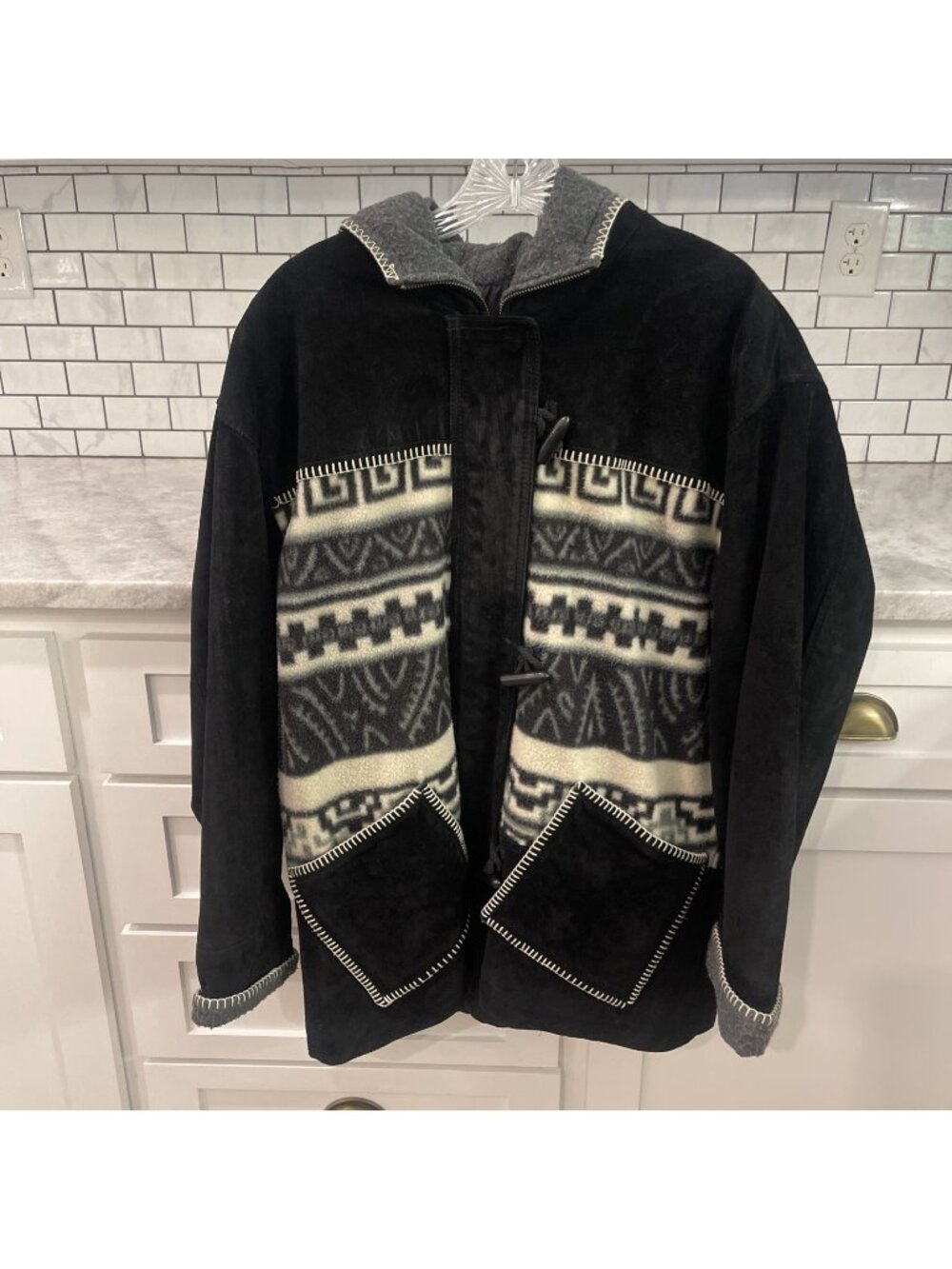 Vintage Winlit 1969 Suede Jacket Womens Medium Black Leather Toggle Hood Aztec